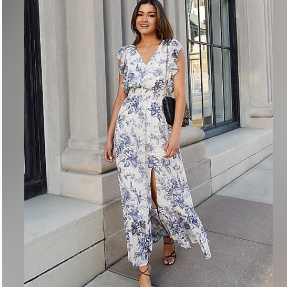 Express Women's Flutter V-Neck Flowy Maxi Dress blue and white floral